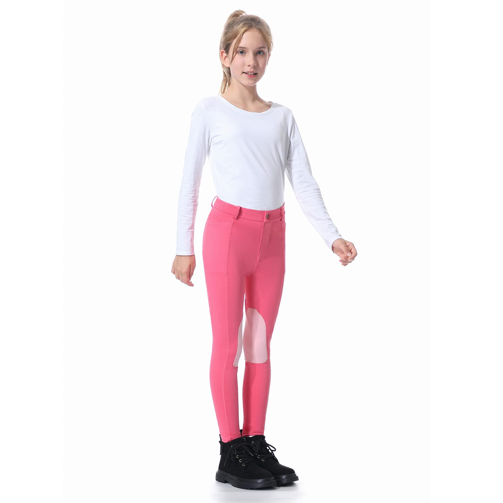 beroy Pantalones de equitación con parches de rodilla para niñas, pantalones ecuestres con cremallera frontal y bolsillos