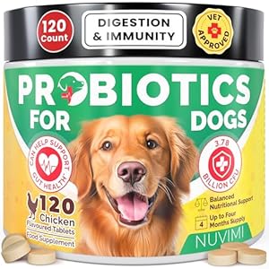 NUVIMI Probiotiques pour Chiens – Comprimés probiotiques et prébiotiques pour Chiens – Complément digestif pour la santé intestinale – 120 comprimés au goût de Poulet