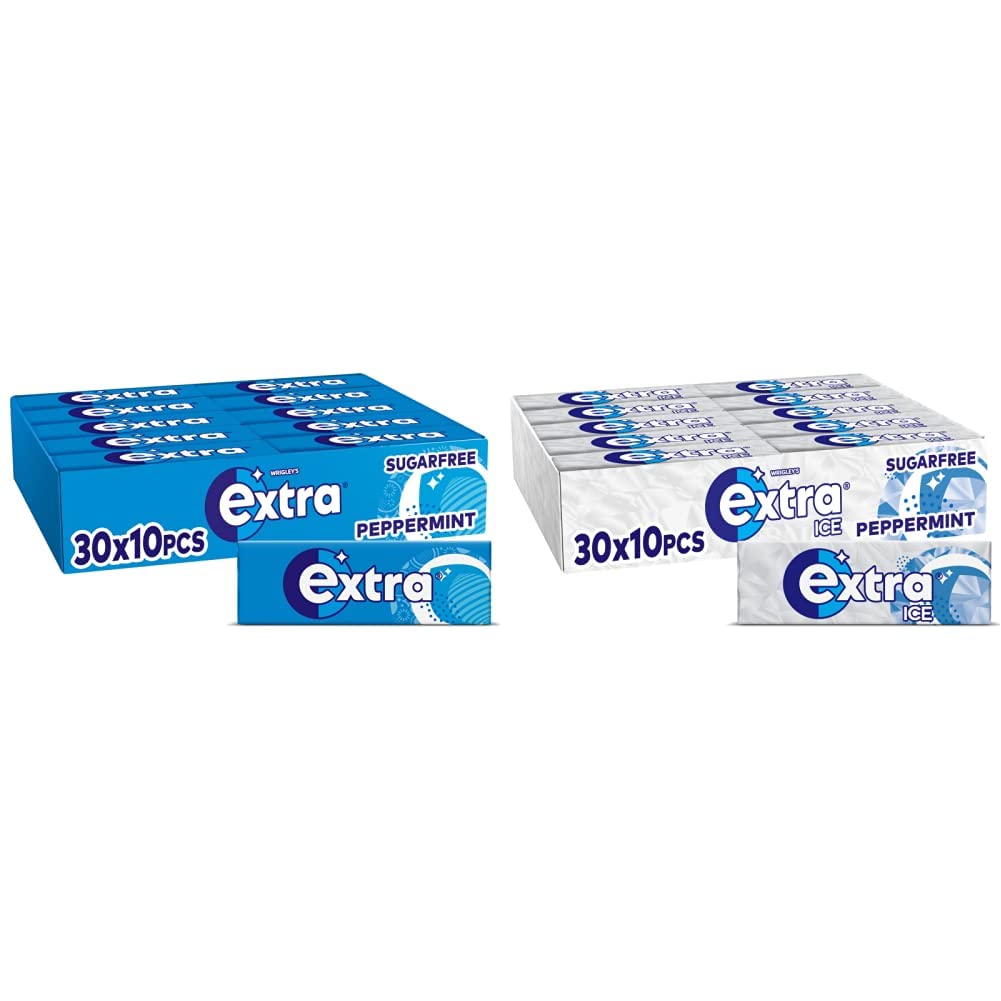 ExtraChewing Gum, Sugar Free, Peppermint Flavour, Chewing Gum Bulk, 30 Packs of 10 Pieces & Ice Chewing Gum, Sugar Free, Peppermint Flavour, Chewing Gum Bulk, Gum with Microgranules