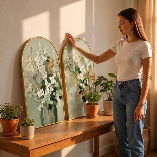 Image of Livin'luxe Set of 2 Floral Wall Painting for Living Room, Green Botanical Modern Artwork, PVC Golden Frame, Arch Shape Wall Decor for Bedroom, Hall, Office & Gift (30 x 32 Inch) RPNL-02-113