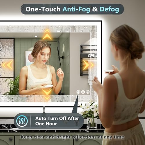 Image of 48x30 Black Framed LED Bathroom Mirror with Lights, Backlit and Front Lit Anti-Fog Lighted Vanity Mirrors for Bathroom Wall, Dimmable, 3 Colors, Memory, HD Tempered Glass, Horizontal /Vertical