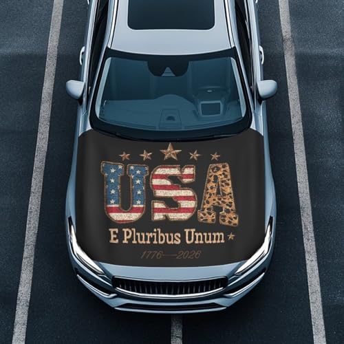 Image of 250th Anniversary USA Flag Leopard Print Car Hood Cover Super Weather-Resistant Dustproof Car Hood Protector Auto Decoration, Automotive Bonnet Banner Suitable for SUV Van Pickup