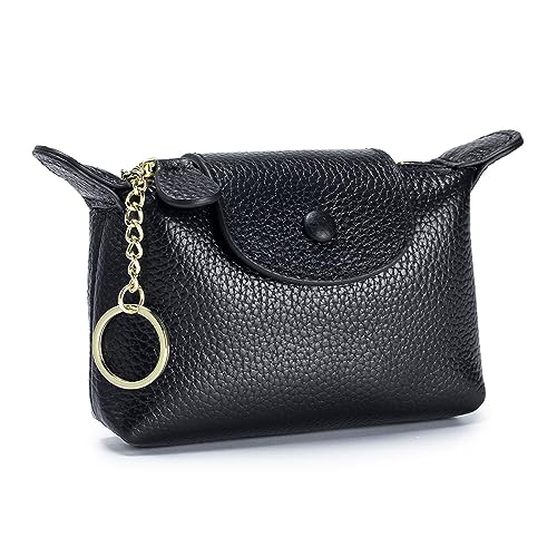 Image of Black Leather Coin Pouch, Zipper Change Holder for Loose Change & Keys