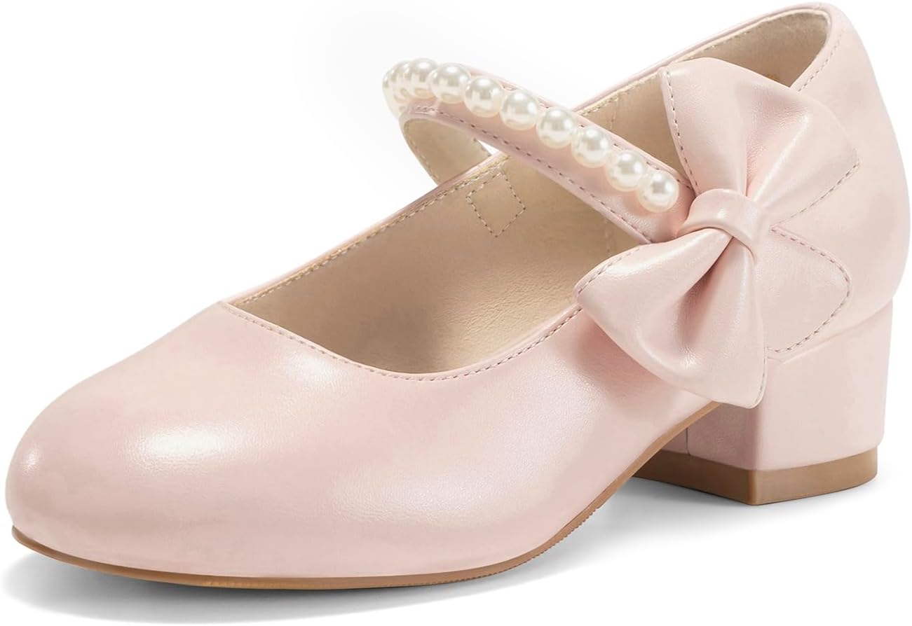 Haloumoning Girls Mary Jane Dress Shoes Pearl Strap Bow Princess Low Heel | Girls Low Block Heel Pumps, Closed Round Toe, Flower Girl Wedding Birthday Party Church Shoes, Hook and Loop Closure