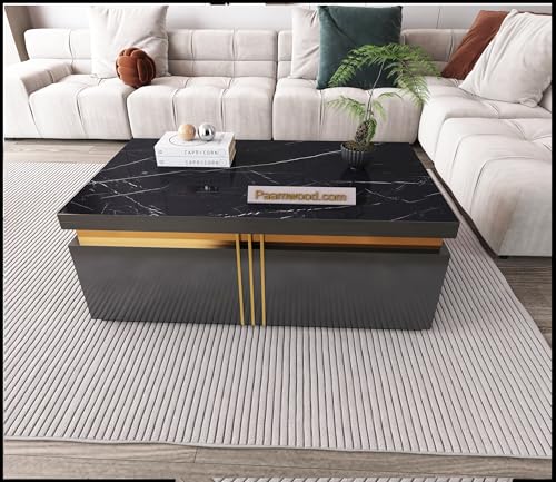 Image of Premium Marble-Top Wooden Center Table for Living Room | Coffee Table | Contemporary Design Craftsmanship (Black - 42x24x17 Inch)