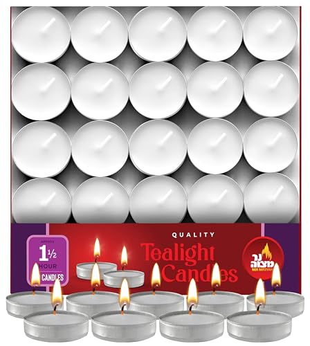 Ner Mitzvah Tealight Candles Tea Lights Candles White Tealights Unscented 1.5 Hour Burn Time (Pack of 100) Bulk