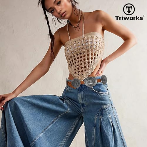 Western Belts for Woman Oval Concho Belt Cowgirl Belt Boho Disc Belt Buckle for Dress Jeans Country Concert Outfit3