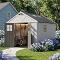 Devoko 10x10 FT Resin Storage Shed with Floor, Plastic Outdoor Tool Shed with Windows & Lockable Door, Large Garden Storage Shed for Patio Backyard Lawn, Beige