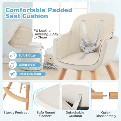 Image of Nightcore 3-in-1 Convertible Baby High Chair, Infant Multi-Purpose Dining Chair with Removable Tray & Adjustable Legs, Toddler Dining Chair with 5-Point Seat Belt & PU Pad (Beige)