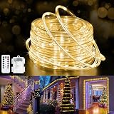 Jnaurb Battery Operated Rope Lights for Outside, 33FT 100LED 8 Modes Battery Operated String Lights, Waterproof Christmas Fairy Light with Remote for Outdoor Indoor Patio Xmas Party Decor - Warm White