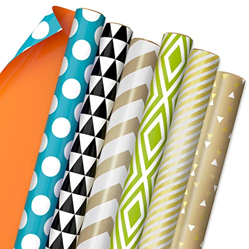 Hallmark Reversible Wrapping Paper Bundle (6 Rolls: 150 Square Feet Total) Stripes, Chevron, Solid, Black & White, Gold, Green, Orange, Blue for Birthdays, Holidays, Any Occasion