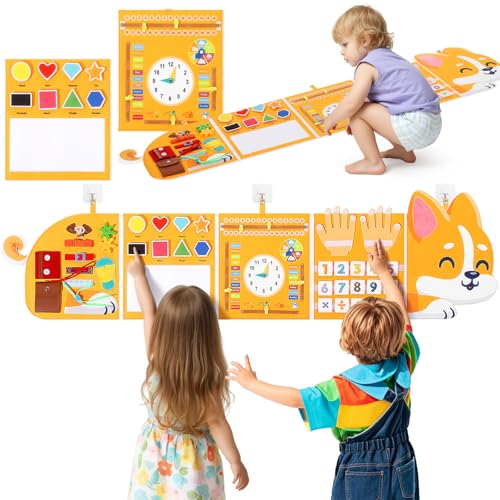 Joyibay Corgi Montessori Busy Board for Toddlers 3-6 Yrs, 14-in-1 Sensory Wall Toy with Calendar Clock Drawing Board, Portable Felt Activity Panel Kid Interactive Toy Ideal Dog Lover Gift