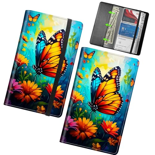 RWUTYTIUL Business Card Organizer, 240 Cards Business Cards Holder Book, PU Leather Credit Card Binder Professional Business Name Card Holder with Elastic Closure for Women Men, Butterfly Blue Sky
