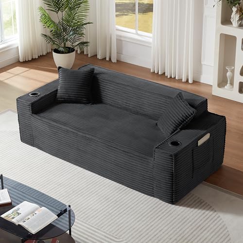 Image of Cloud Loveseat Boneless Sofa Couch in a Box with Cupholders, Modern Corduroy Compressed Sofa for Living Room, 3 Seater High-Density Foam Couch with Pillows, No Assembly Required