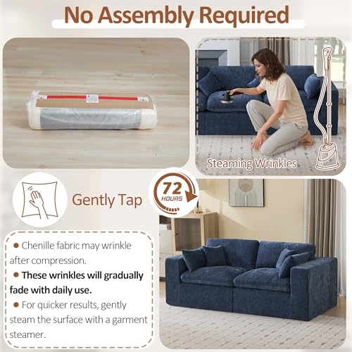 Image of 83''Cloud Boneless Sectional Couch, Modular Sectional Sofa Deep Seat, Upholstered Convertible Comfy Loveseat Chenille Memory Foam Sofa Couches for Living Room, Navy