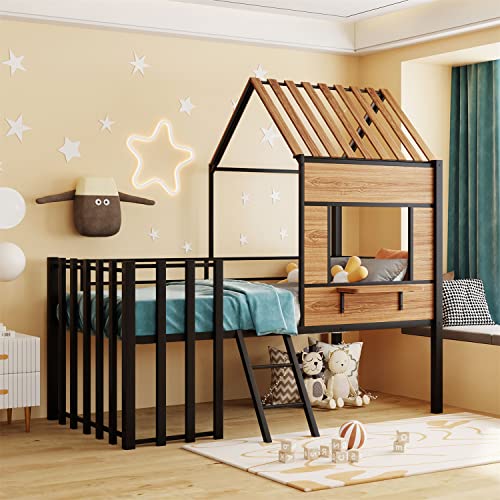 Twin House Beds Low Loft Bed Frames Metal Toddler Tree House Bed with Windows and Roof for Kids Teens Girls Boys, Black