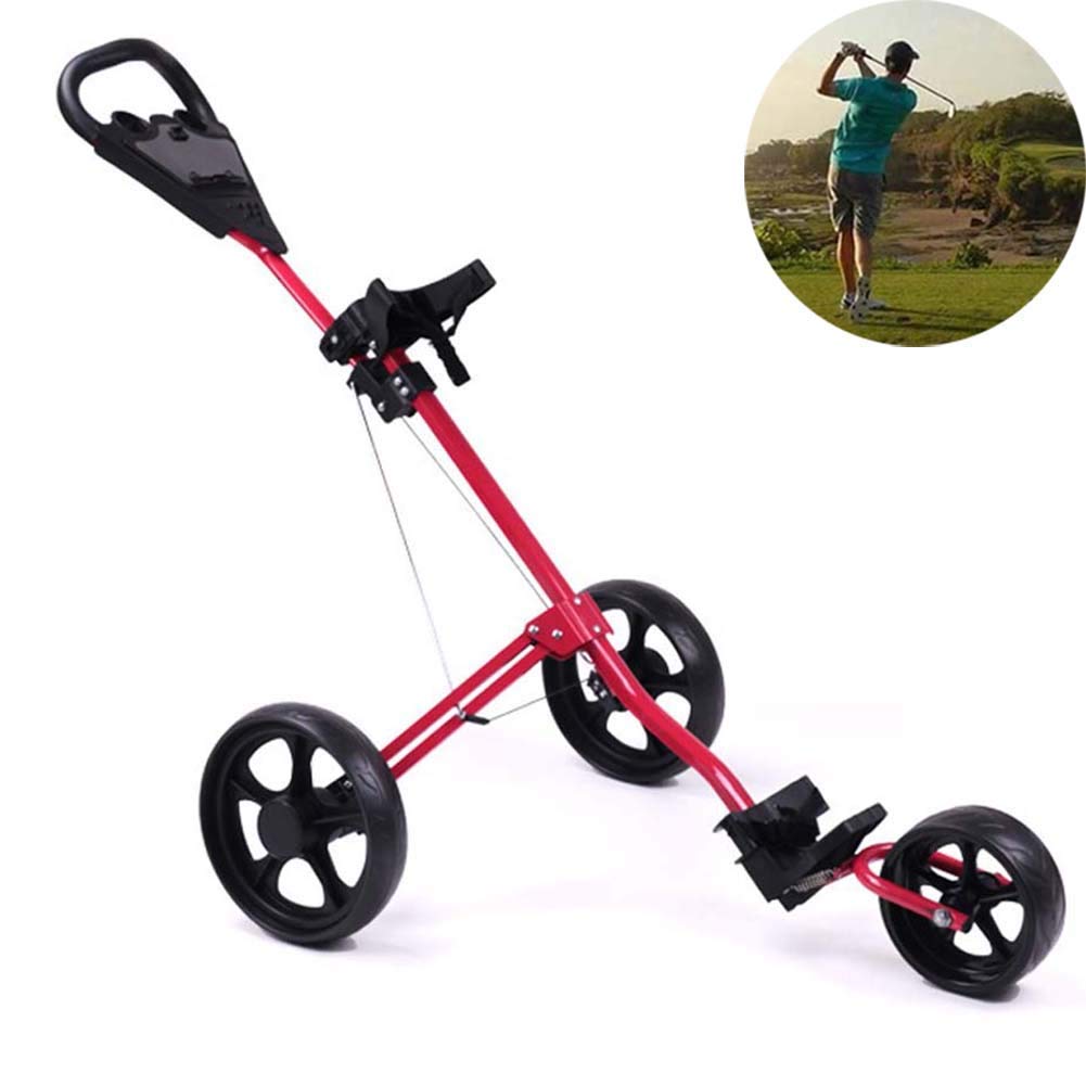 ROCK1ON 3 Wheel Golf Push Cart Lightweight Foldable Golf Trolley Holder with Adjustable Push Handle and Scorecard and Foot Brake Swivel Easy to Open & Close