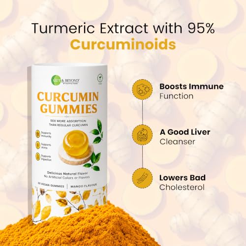 Image of Gut and Beyond Turmeric Curcumin Gummies 60 Count | 95% Curcuminoids for Maximum Bioavailability | Anti-Inflammatory Support | Joint, Liver, Skin and Brain Health | Mango Flavour