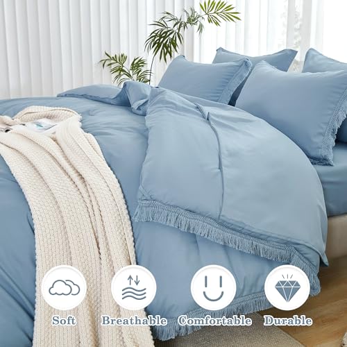 Image of Andency Full Size Comforter Set Grayish Blue -7 Pieces Boho Tassel Bed in a Bag Soft Lightweight Bedding Sets, All Season Fringe Bed Set with Comforter, Sheets, Pillowcases & Shams