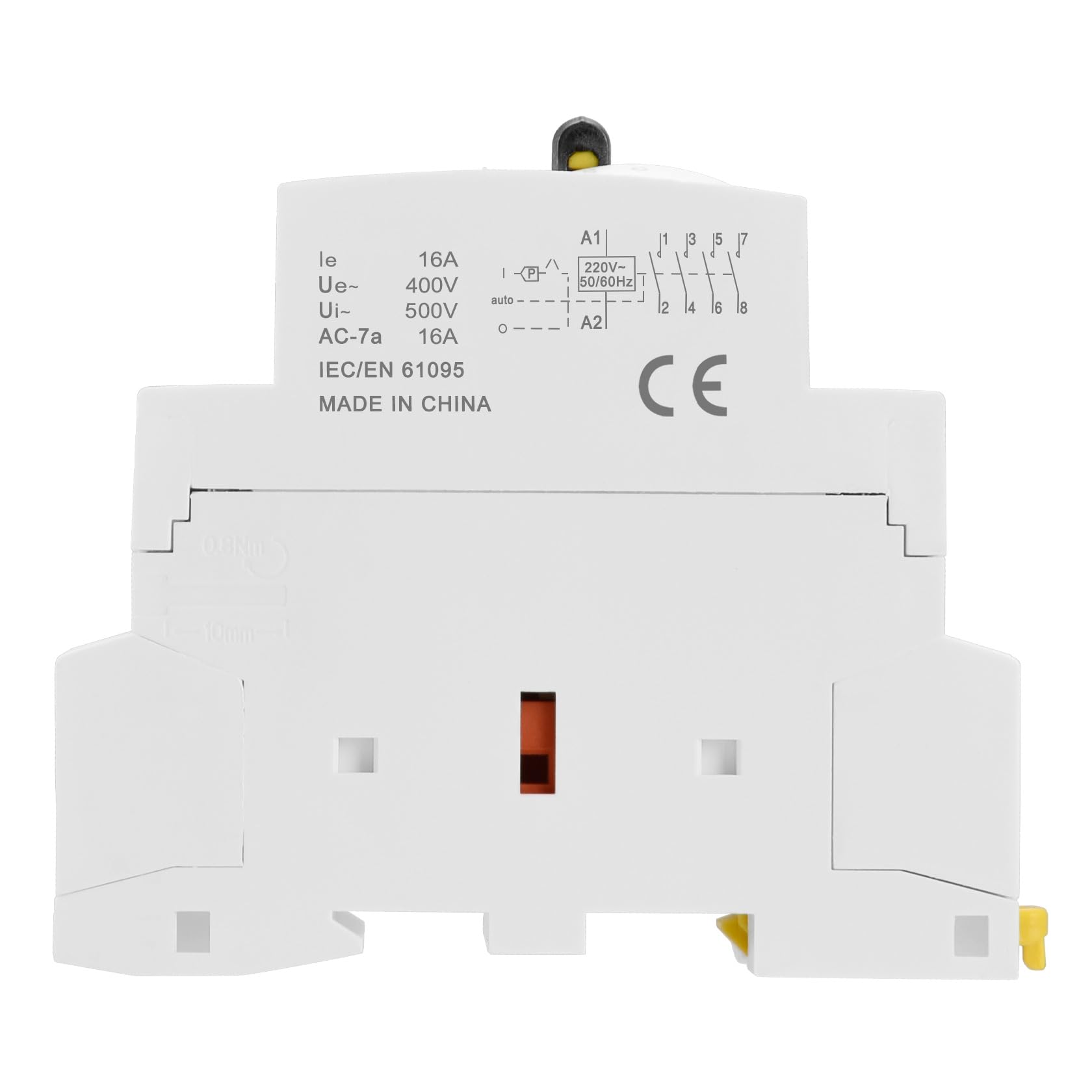 Heschen Contactor de CA modular para el hogar, CT1-16M/40, 16A, 4 polos, 4NO, cuatro bobinas normalmente abiertas; bobinas de 220 VAC, montaje en carril DIN de 35 mm, con interruptor de control manual
