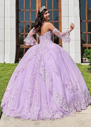 POMUYOO Women's Sweetheart Quinceanera Dresses Ball Gown Lace Appliques Puffy Sleeve Prom Sweet 16 Dress YG2162