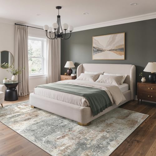 Image of BEIMO Area Rugs 8x10 for Living Room Bedroom, Modern Abstract Machine Washable Rug, Large Soft Low Pile Floor Carpet with Non Slip Backing for Dining Room, Muted Grey