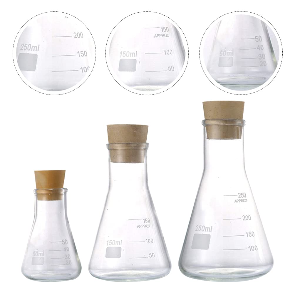 transparente Reagenzglasbehälter Reagenzgläser, 3-teiliges Glaskolben-Set, Chemiekolben aus Glas mit Holzdeckel, wissenschaftliches Glasgeschirr for Labor, wissenschaftliche konische Flasche