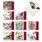 Assorted Boxed of 10 All Occasions Blank Note Cards 4 x 5.12 inch On Goldfish Pond w/ Envelopes - Calm Images of Pretty Colored Koi Fish and Water Lily - Assortment Box of Notecards MQ4944OCB-B1x10