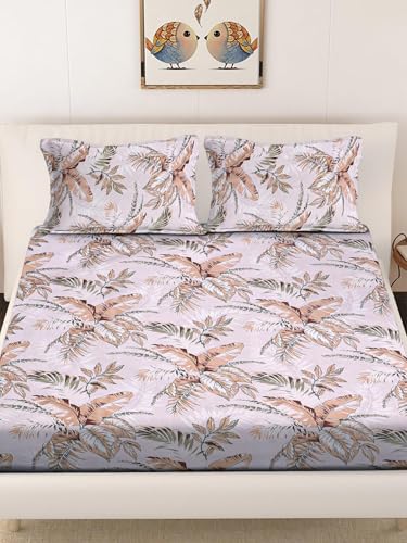 Image of 240 TC Cotton Feel Glace Cotton Elastic Fitted Printed King Size Double Bed Bedsheet with 2 Pillow Covers and Fits Upto 4-6 inches Mattress, Size- 72 inchx78 inch(Almond)