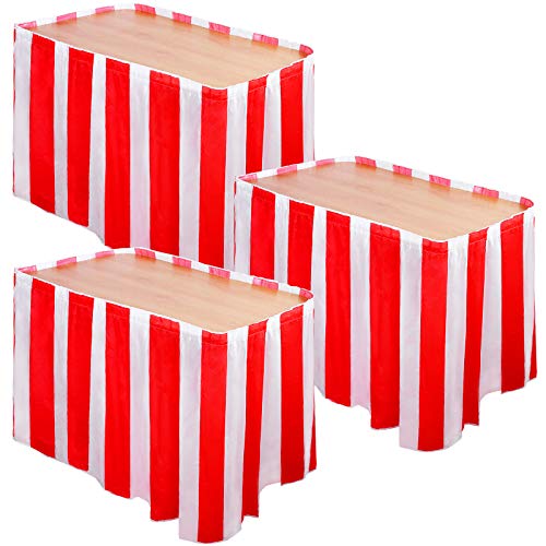 Elcoho 3 Pack Red and White Striped Table Skirt Carnival Circus Table Cloths for Carnival Party Supply Decor Carnival Table Decorations