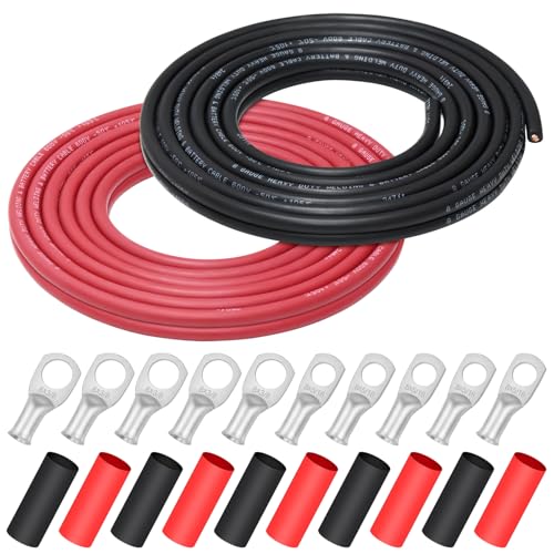Image of iGreely 8 Gauge 8 AWG Wire 20 Ft Black + 20 Ft Red Ultra Flexible Welding Battery Pure Copper Cable for Car Solar, 5pcs 5 /16 inch inch& 5pcs 3 /8 inch inch Copper Cable Lug Terminal Connectors with Heat Shrink Tubing
