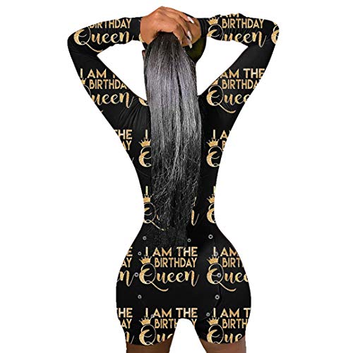 vaflower Women Sexy Butt Button Back Flap Jumpsuit Pajamas Onesies V-Neck Long Sleeve Bodysuit Rompers (Birthday Queen, L)