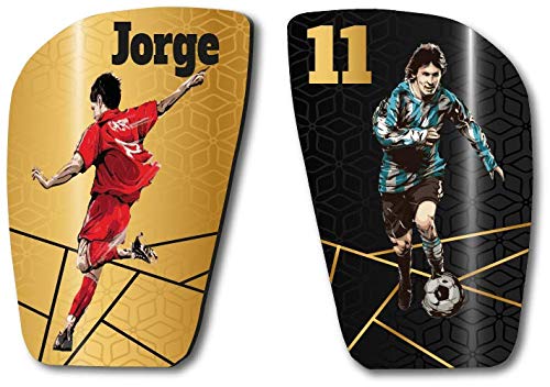 SAQUITOMAGICO Espinilleras Personalizadas con tu Foto y Dorsal para Niños y Adultos (Modelo A, XS (niño))
