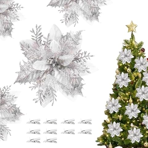 Earlyred 10pcs Artificial Flowers Silver and White Poinsettia Flowers Plastic Christmas Flowers for DIY Xmas Party Wedding Bridal Bouquets Floral Arrangement Table Centerpieces Home Decorations Cover