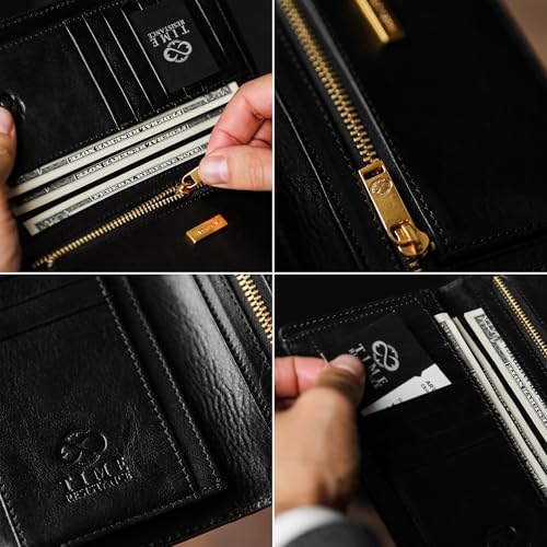 Image of Time Resistance Long Leather Wallet - Bifold Mens Suit Leather Wallet - Checkbook Wallet - Tall Billfold Card Case - Slim Wallet Made in Italy (Black)