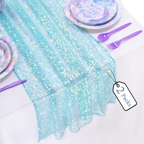 Iridescent Table Runner Coral Green Fabric 2 Pieces Shimmer Sequin Fabric