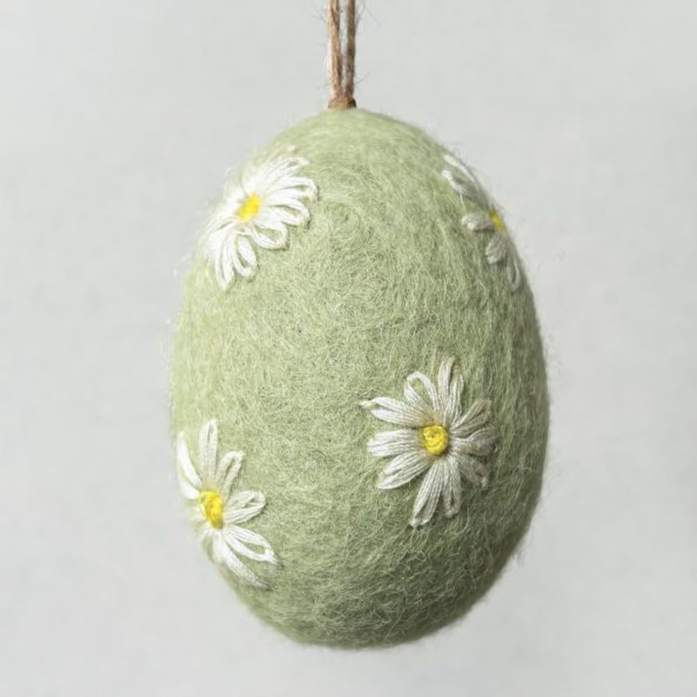 Green | Felt & Embroidered Daisy Egg Ornament | Hanging Easter Tree Decoration