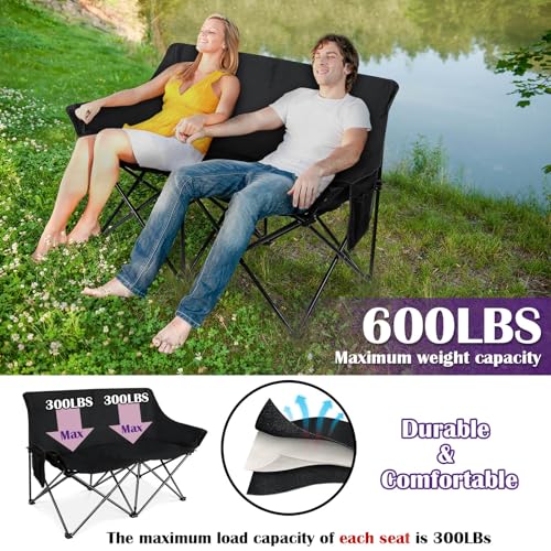 HaSteeL Folding Camping Chair, Portable Double Outdoor Loveseat for 2 Adults Person, Durable Foldable Collapsible Chairs for Camp Patio Picnic Beach Travel, Support 600Lbs, for Women & Men, Black - Thumbnail 3