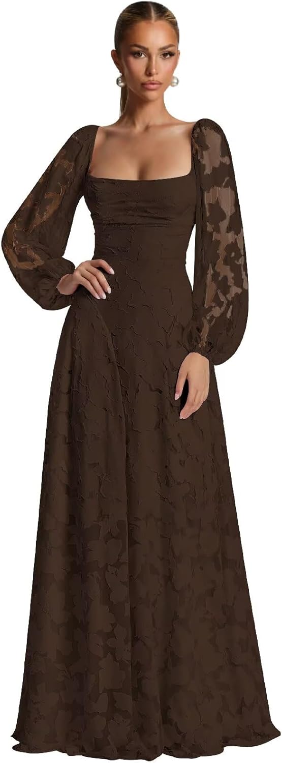 Chiffon Bridesmaid Dresses for Women Floral Long Sleeve Cowl Neck Formal Wedding Guest Dresses