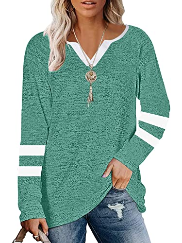 Women Striped Long Sleeve Shirt Split V Neck Sweatshirt Casual Color Block Pullover Tunic Tops Green