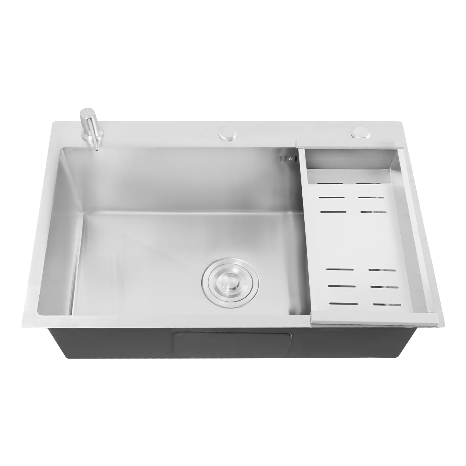 Einschalen Spülbecken Edelstahl +Seifenspender Abtropfkorb Küchenspüle 68 * 45CM mit Abtropffläche, Seifenspender, Unterbau - Silber