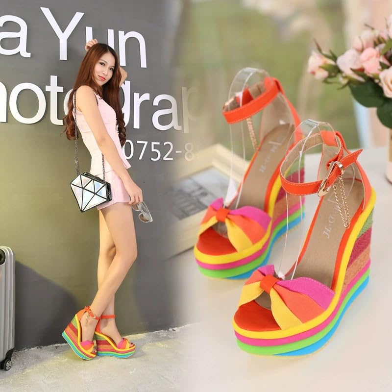 Women Straw Super High Heel Rainbow Sandals,Fish Mouth Wedge Roman Y2K Sandal,Adjustable Ankle Strap Espadrilles Platform Candy Color Party Dress Shoes2