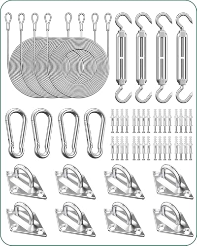 Sun Shade Sail Hardware Kit 6 Inch - 84pcs Set Stainless Steel Sun Sail Hardware Kit Mounting Accessories with 48 Ft (12 Ft x 4) Vinyl Coated Stainless Steel Wire Cable Ropes for Deck Railing