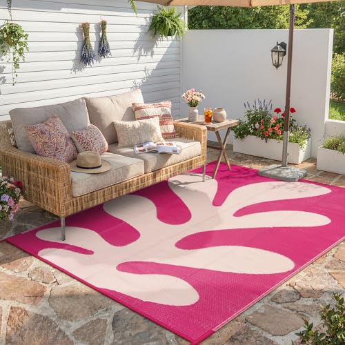 Wonnitar Abstract Outdoor Rug 6x9, Modern Coral Waterproof Reversible Plastic Straw Rug for Patio, Foldable Lightweight Outside Carpet for Deck, Balcony, RV, Beach, Pink