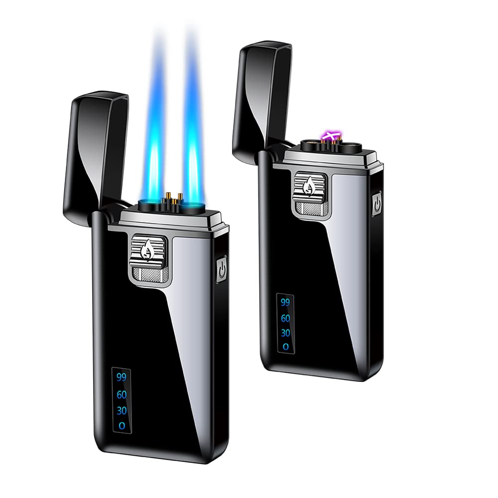 Torch Lighter Electric Arc Lighter 2 in 1 Dual Jet Flame Butane Lighter Refillable Butane Dual Arc Electric Lighter USB Rechargeable Lighter Windproof Lighter for Candle Kitchen BBQ No Gas (Black)