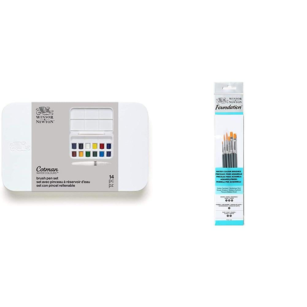 Winsor & Newton 0390658 - Set de 12 acuarelas con pincel rellenable, multicolor + Pinceles de Acuarela, Madera, Multicolor, 7 x 1 x 4.3 cm, 6 Unidades