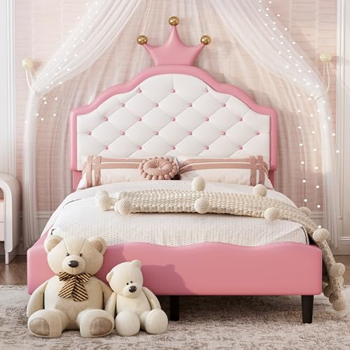 SOFTSEA Twin Upholstered Tufted Platform Bed, Girls Princess Bed with Crown Headboard & Wave Footboard for Bedroom Teens Girls, Easy Assembly, Pink