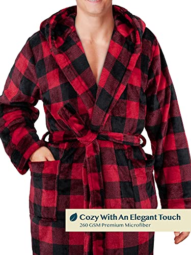 Pavilia Mens Robe, Hooded Plaid Robe For Men, Warm Bathrobe With Hood, Bath Shower Spa Robe With Shawl Collar, Pockets, Plush Soft Fleece - Buffalo Check Red Black #TOP2
