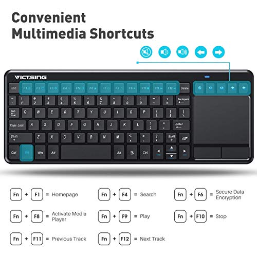 VicTsing Wireless Touchpad Keyboard, 2.4Ghz USB Mini Wireless TV Trackpad Keyboard for Tablet MacBook Windows Computer Gaming Device, Black
