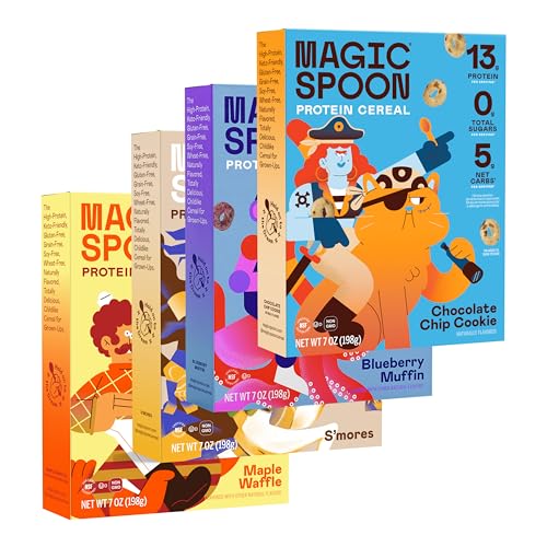 Image of Magic Spoon Cereal - High Protein Cereals - Sugar Free Snacks & Breakfast Food - Grain & Gluten Free Cereal - Low Carb & Keto Friendly - 4 Pack: Smores, Blueberry Muffin, Chocoloate Chip, Maple Waffle